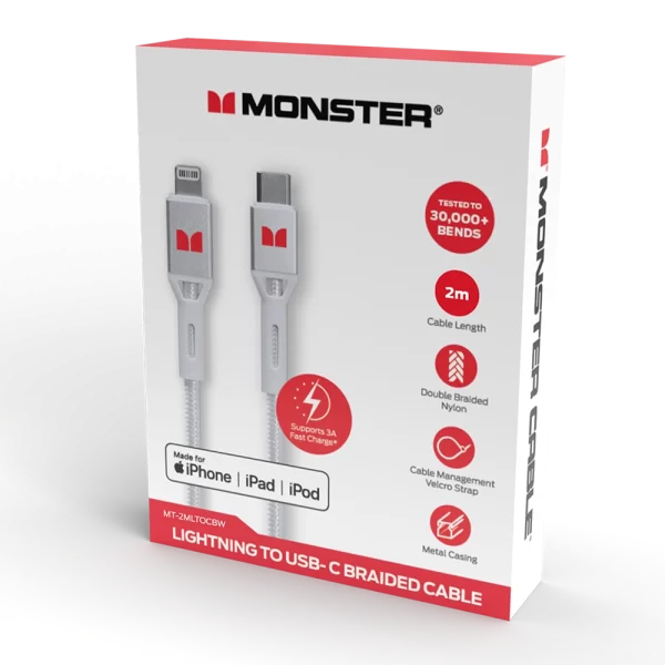 Lightning to USB-C Braided Cable – White 2m | Monster